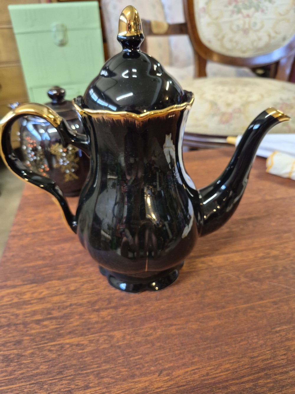 Glossy Black Ceramic Coffee/Tea Pot with Gold Trim